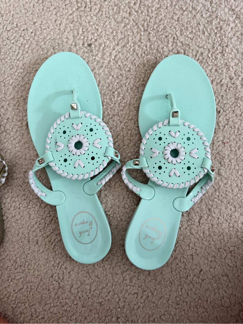 Jack Rogers Mint Green Leather Thong Sandals with Braided Medallion